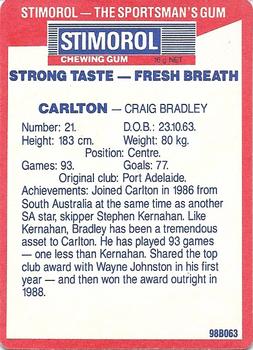 1990 AFL Scanlens Stimorol #95 Craig Bradley Back